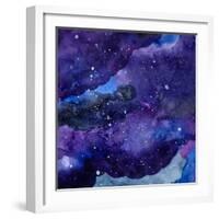 Watercolor Space Texture with Glowing Stars. Night Starry Sky with Paint Strokes and Swashes. Vecto-Anna Kutukova-Framed Art Print