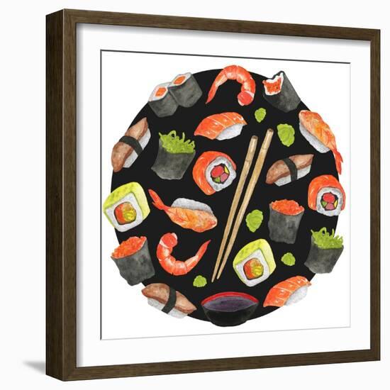 Watercolor Sushi Circle - Japan-Maria Mirnaya-Framed Art Print