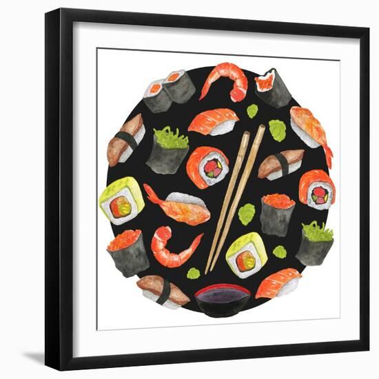 Watercolor Sushi Circle - Japan-Maria Mirnaya-Framed Art Print