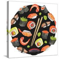 Watercolor Sushi Circle - Japan-Maria Mirnaya-Stretched Canvas