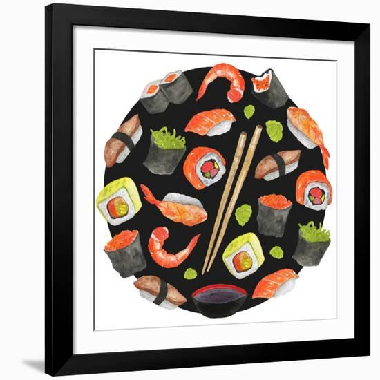 Watercolor Sushi Circle - Japan-Maria Mirnaya-Framed Art Print