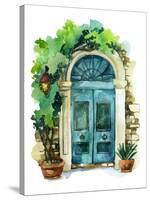 Watercolor Traditional Old-Fashioned Door with Potted Flowers, Brick Stones and Lantern. Rustic Doo-Tanya Syrytsyna-Stretched Canvas