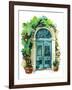 Watercolor Traditional Old-Fashioned Door with Potted Flowers, Brick Stones and Lantern. Rustic Doo-Tanya Syrytsyna-Framed Art Print