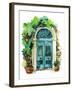 Watercolor Traditional Old-Fashioned Door with Potted Flowers, Brick Stones and Lantern. Rustic Doo-Tanya Syrytsyna-Framed Art Print