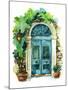 Watercolor Traditional Old-Fashioned Door with Potted Flowers, Brick Stones and Lantern. Rustic Doo-Tanya Syrytsyna-Mounted Art Print