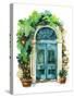 Watercolor Traditional Old-Fashioned Door with Potted Flowers, Brick Stones and Lantern. Rustic Doo-Tanya Syrytsyna-Stretched Canvas