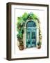 Watercolor Traditional Old-Fashioned Door with Potted Flowers, Brick Stones and Lantern. Rustic Doo-Tanya Syrytsyna-Framed Art Print