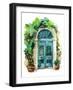 Watercolor Traditional Old-Fashioned Door with Potted Flowers, Brick Stones and Lantern. Rustic Doo-Tanya Syrytsyna-Framed Art Print