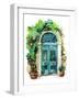 Watercolor Traditional Old-Fashioned Door with Potted Flowers, Brick Stones and Lantern. Rustic Doo-Tanya Syrytsyna-Framed Art Print