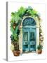 Watercolor Traditional Old-Fashioned Door with Potted Flowers, Brick Stones and Lantern. Rustic Doo-Tanya Syrytsyna-Stretched Canvas