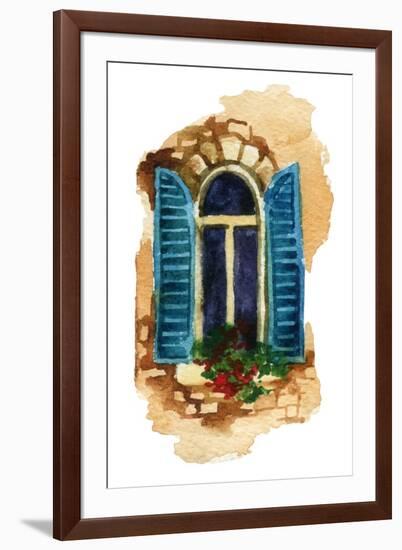 Watercolor Traditional Old-Fashioned Window with Potted Flowers on Brick Wall. Rustic Window with O-Tanya Syrytsyna-Framed Art Print