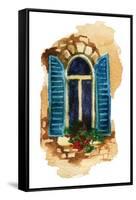 Watercolor Traditional Old-Fashioned Window with Potted Flowers on Brick Wall. Rustic Window with O-Tanya Syrytsyna-Framed Stretched Canvas