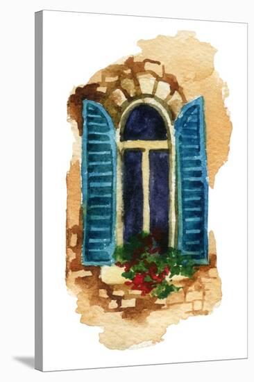 Watercolor Traditional Old-Fashioned Window with Potted Flowers on Brick Wall. Rustic Window with O-Tanya Syrytsyna-Stretched Canvas