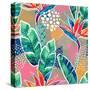 Watercolor Tropical Flowers with Contour on Geometric Background. Hand Drawn Bird-Of-Paradise Flowe-null-Stretched Canvas