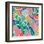 Watercolor Tropical Flowers with Contour on Geometric Background. Hand Drawn Bird-Of-Paradise Flowe-null-Framed Art Print