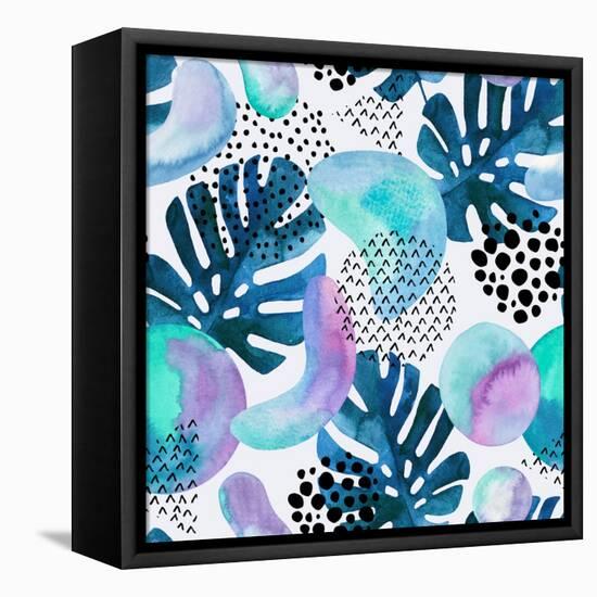 Watercolor Tropical Leaves and Geometric Shapes-tanycya-Framed Stretched Canvas