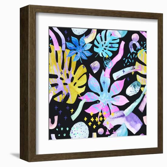 Watercolor Tropical Leaves on Geometric Background-tanycya-Framed Art Print