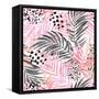 Watercolor Tropical Leaves Seamless Pattern. Watercolour Pink Colored and Graphic Palm Leaf Paintin-tanycya-Framed Stretched Canvas