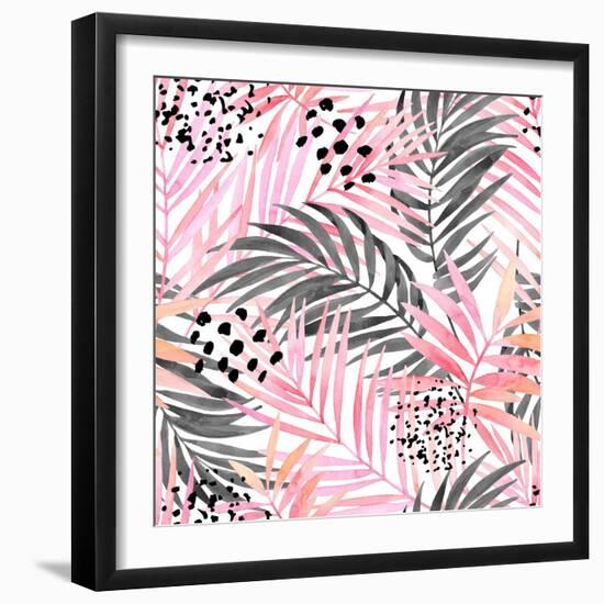 Watercolor Tropical Leaves Seamless Pattern. Watercolour Pink Colored and Graphic Palm Leaf Paintin-tanycya-Framed Art Print