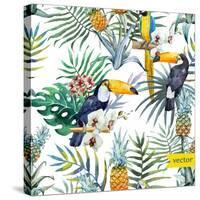 Watercolor, Tropical, Pineapple, Exotic, Pattern-Zenina-Stretched Canvas