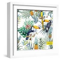 Watercolor, Tropical, Pineapple, Exotic, Pattern-Zenina-Framed Art Print