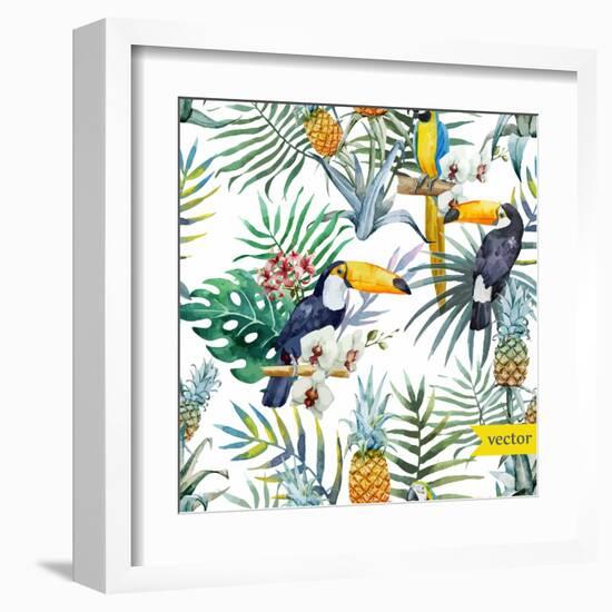 Watercolor, Tropical, Pineapple, Exotic, Pattern-Zenina-Framed Art Print