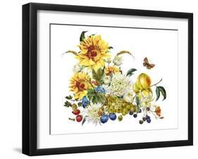 Watercolor Vintage Card with Chrysanthemums, Fruits, Sunflowers-Varvara Kurakina-Framed Art Print