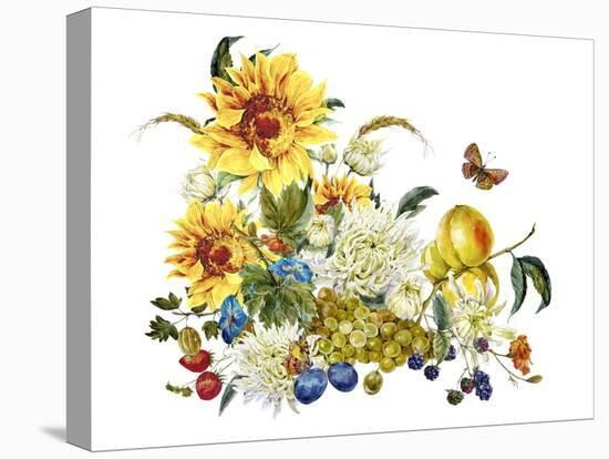 Watercolor Vintage Card with Chrysanthemums, Fruits, Sunflowers-Varvara Kurakina-Stretched Canvas