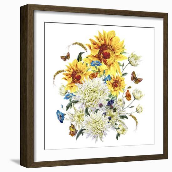 Watercolor Vintage Card with Chrysanthemums, Sunflowers and Butt-Varvara Kurakina-Framed Art Print