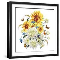 Watercolor Vintage Card with Chrysanthemums, Sunflowers and Butt-Varvara Kurakina-Framed Art Print