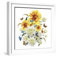 Watercolor Vintage Card with Chrysanthemums, Sunflowers and Butt-Varvara Kurakina-Framed Art Print