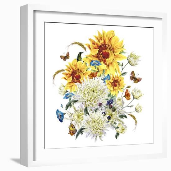 Watercolor Vintage Card with Chrysanthemums, Sunflowers and Butt-Varvara Kurakina-Framed Art Print