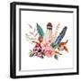 Watercolor Vintage Floral Bouquets. Boho Spring Flowers and Feathers Isolated on White Background.-Polina Valentina-Framed Art Print