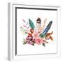 Watercolor Vintage Floral Bouquets. Boho Spring Flowers and Feathers Isolated on White Background.-Polina Valentina-Framed Art Print