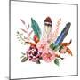 Watercolor Vintage Floral Bouquets. Boho Spring Flowers and Feathers Isolated on White Background.-Polina Valentina-Mounted Art Print