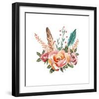Watercolor Vintage Floral Bouquets. Boho Spring Flowers and Feathers Isolated on White Background.-Polina Valentina-Framed Art Print