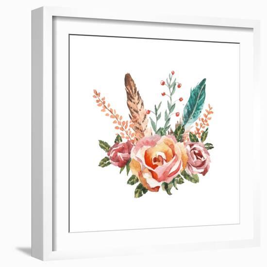 Watercolor Vintage Floral Bouquets. Boho Spring Flowers and Feathers Isolated on White Background.-Polina Valentina-Framed Art Print