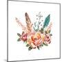 Watercolor Vintage Floral Bouquets. Boho Spring Flowers and Feathers Isolated on White Background.-Polina Valentina-Mounted Art Print