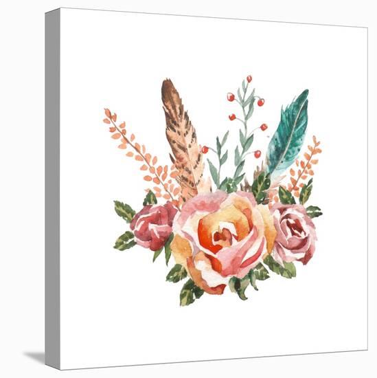 Watercolor Vintage Floral Bouquets. Boho Spring Flowers and Feathers Isolated on White Background.-Polina Valentina-Stretched Canvas