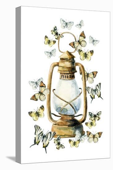 Watercolor Vintage Lamp with Butterfly on White Background. Colorful Butterfly and Rusty Lamp. Wate-Tanya Syrytsyna-Stretched Canvas
