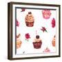 Watercolor Vintage Seamless Background with Cupcakes and Flowers-Varvara Kurakina-Framed Art Print