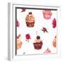 Watercolor Vintage Seamless Background with Cupcakes and Flowers-Varvara Kurakina-Framed Art Print