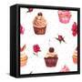 Watercolor Vintage Seamless Background with Cupcakes and Flowers-Varvara Kurakina-Framed Stretched Canvas