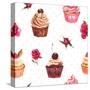 Watercolor Vintage Seamless Background with Cupcakes and Flowers-Varvara Kurakina-Stretched Canvas