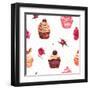 Watercolor Vintage Seamless Background with Cupcakes and Flowers-Varvara Kurakina-Framed Art Print