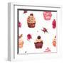 Watercolor Vintage Seamless Background with Cupcakes and Flowers-Varvara Kurakina-Framed Art Print