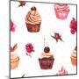 Watercolor Vintage Seamless Background with Cupcakes and Flowers-Varvara Kurakina-Mounted Art Print