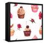 Watercolor Vintage Seamless Background with Cupcakes and Flowers-Varvara Kurakina-Framed Stretched Canvas