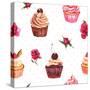 Watercolor Vintage Seamless Background with Cupcakes and Flowers-Varvara Kurakina-Stretched Canvas
