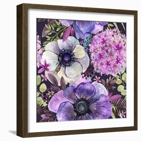 Watercolor Violet Flowers Seamless Pattern. Hand-Drawn Botanical Illustration. Vintage Floral Compo-Faenkova Elena-Framed Art Print
